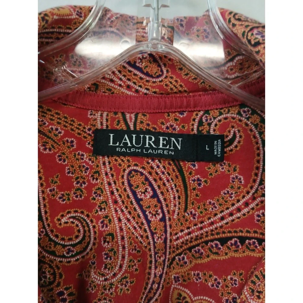 Lauren Ralph Lauren Womens Lg Red Paisley Button Down Pajama Top Loungewear Knit